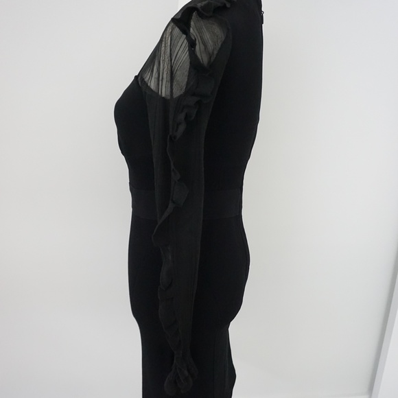 Herve Leger Black Ruffle Sheer Sleeve Corset Midi Dress Evening Cocktail Holiday - Picture 5 of 16